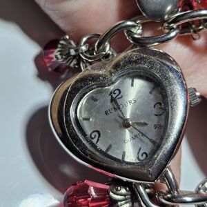 Heart Watch Women Silver Tone Red Beaded Charm Bracelet Needs New Battery